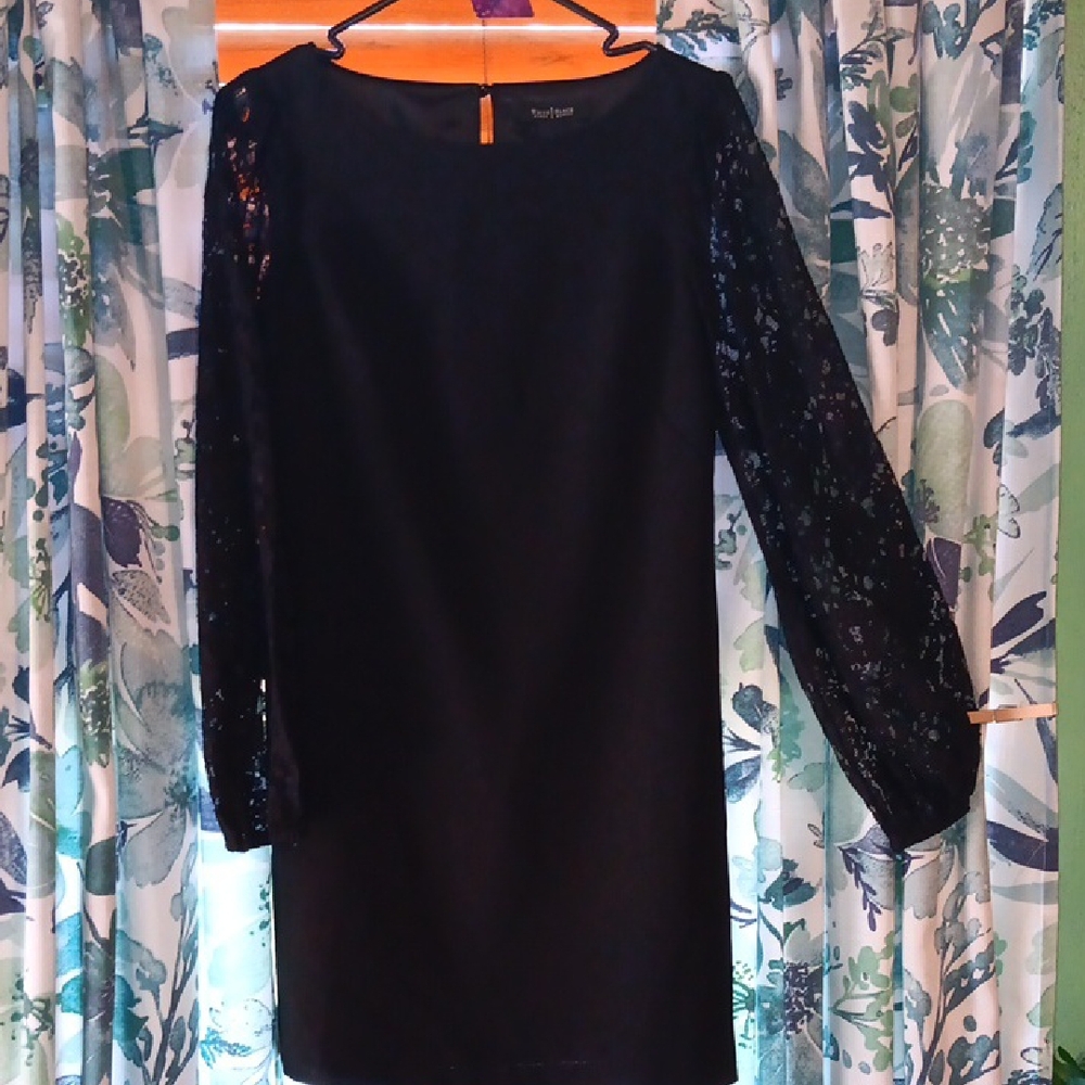 White House Black Market Elegant Black Dress with Lace Sleeves
